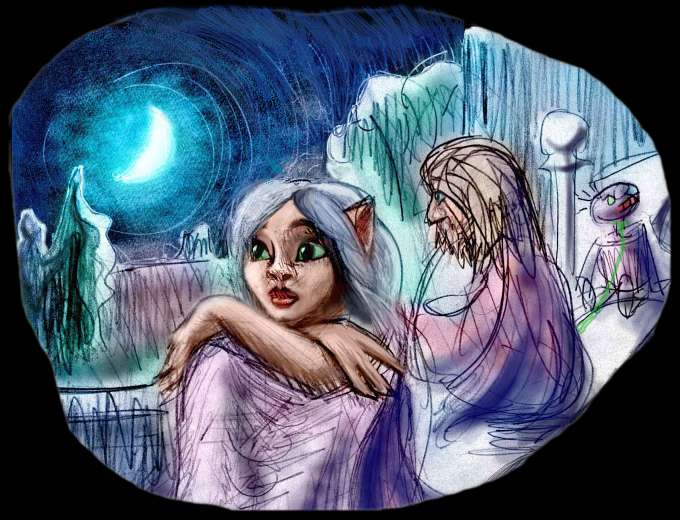 Dream: the Elf-Queen sits all night under the moon, troubled by my accusations. Click to enlarge.