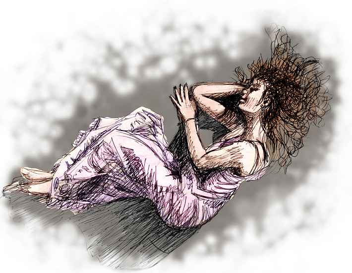 A red-haired girl in lavender nightgown lying asleep on gray asphalt; ink sketch of a dream by Wayan. Based on a photo of Tori Amos in her CD 'Under the Pink'. Click to enlarge.