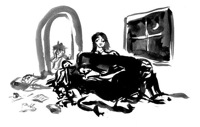 Ink sketch of a dream by Wayan: Crescent moon shines in the window. People sleep on sofas, leaned against walls, sprawled on the floor. Only one figure is awake