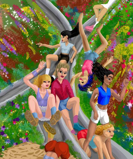Teens on metal slides in hanging rock-gardens. Dream sketch by Wayan. Click to enlarge.