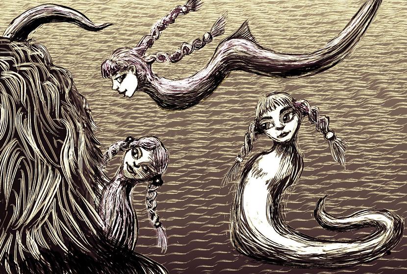 Flying snake-girls. Dream by Judith Schalansky, sketch by Wayan. Click to enlarge.