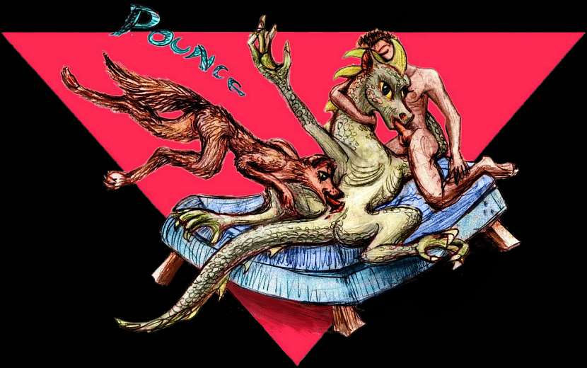 Sketch of a dream, 'Snapdragon', by Wayan: a man, a werewolf and a dragon jumping into bed together. Background: a huge pink triangle. Click to enlarge.