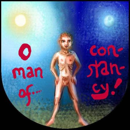 Sketch of a dream, 'Snapdragon', by Wayan: a bearded man, sunlit on left, moonlit on right. Red words float: 'O man of constancy!'