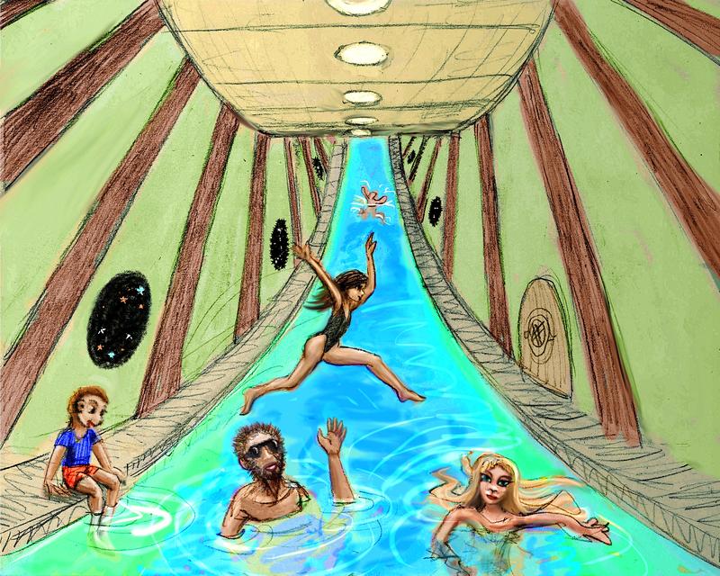 Ring-shaped orbital swimming pool. Dream sketch by Wayan. Click to enlarge.