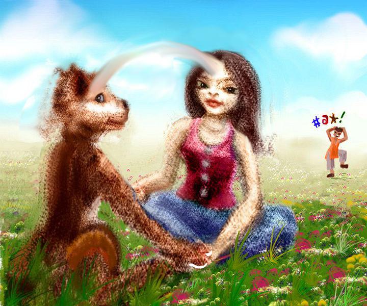 Wolf and Asian girl hold hands sitting crosslegged in a meadow; dream sketch by Wayan.