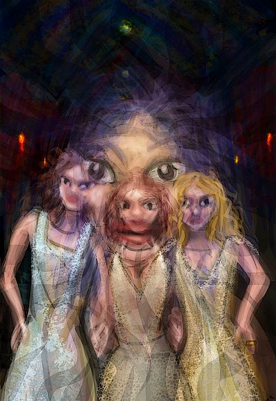 A spell blurs three women into one. Is it the Rheingold? Dream sketch by Wayan. Click to enlarge.