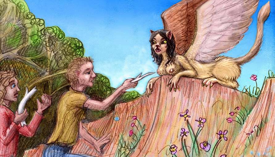 Colored pencil sketch of a dream by Chris Wayan: a man foolishly pokes a sphinx on the breast with a white stick.