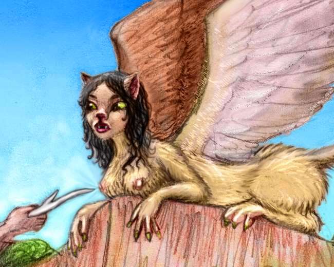 Colored pencil sketch of a dream by Chris Wayan: a sphinx poked on the breast with a white stick.