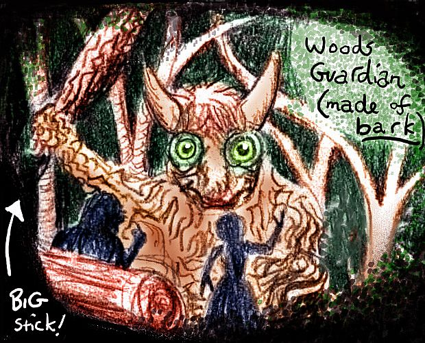 Colored pencil sketch of a dream by Chris Wayan: a huge staring creature composed of bark, waving a club in a forest: a Tree Guardian