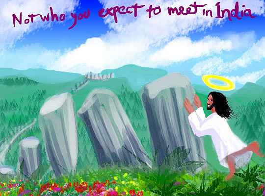 On a green tropical hill, Jesus grins and pushes over a row of stone columns. Caption: 'Not who you expect to meet in India'
