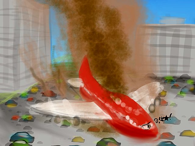 A red jumbo jet crash-lands in a parking lot, just missing two glass towers. Swearing from the cockpit.