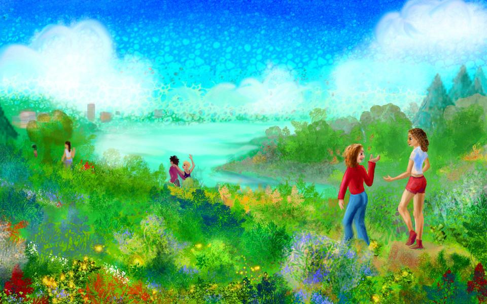 Hikers in flowering nature preserve. Dream sketch by Wayan. Click to enlarge.