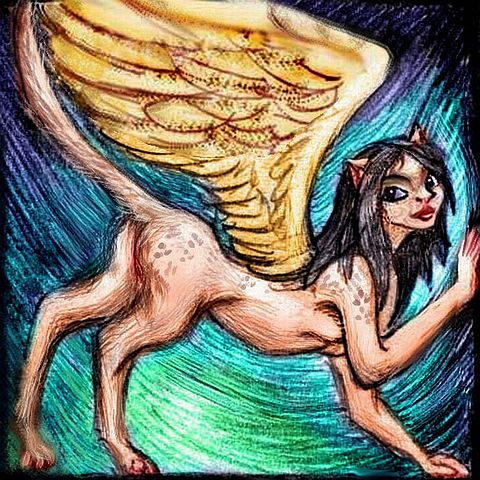 A winged female sphinx flirts, arching her back. Click to enlarge.