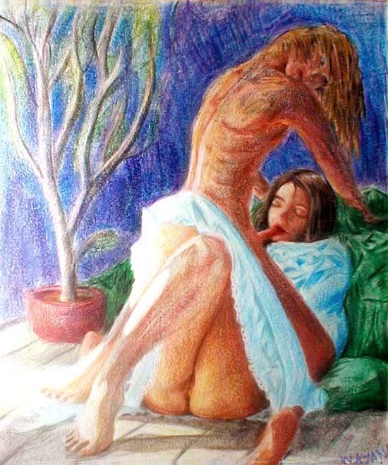 crayon drawing of girl in white dress rubbing herself and licking her boyfriend.