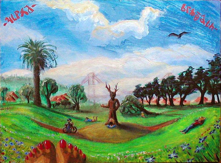 Acrylic painting of Fort Mason, San Francisco. Philip Burton statue on lawn. But with deer horns. Click to enlarge.