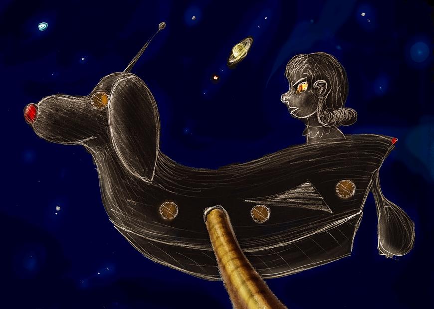 Starship docked at an asteroid looks like a boat with a Snoopy figurehead and Lucy at the rudder. Dream sketch by Wayan. Click to enlarge.