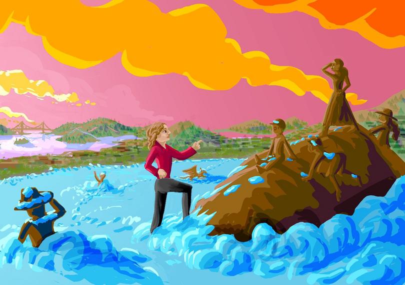 Unwanted statues sunk in a pond of blue foam. Dream sketch by Wayan. Click to enlarge.