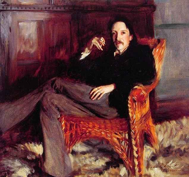 oil painting of Robert Louis Stevenson by John Singer Sargent: a thin white man with a droopy moustache, delicate features and slender hands. He's smoking, legs crossed, slumped in a red chair.