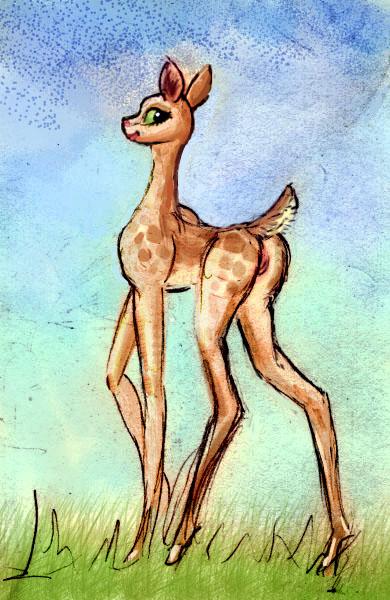 Sketch of a dream by Chris Wayan: a doe with legs as long as a giraffe's.