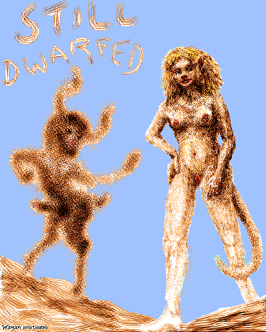 Horny little satyr, my body-image, and tall leonine woman, dream-me; twin self-portraits by Wayan 1991