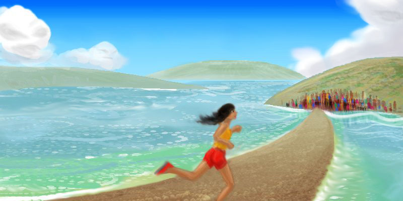 Silky, a girl in red shorts and yellow tee, runs along a narrow breakwater toward an island where a crowd waits. Sketch of a dream by Wayan.