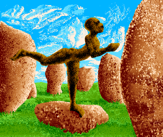 A digital painting by Wayan: a dancer of pitted but living stone does an arabesque on the central altar of... Potatohenge?
