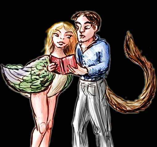 Sketch by Chris Wayan of a dream by Nancy Price: a lion-tailed man and a bird-bodied woman audition for parts in a Shaw play.