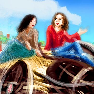 digital sketch of a dream by Chris Wayan: two riders on a San Francisco Muni oxcart.