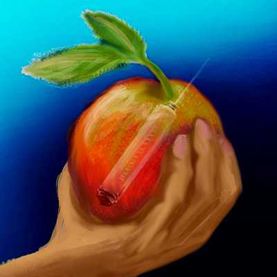 digital sketch of a dream by Chris Wayan: an hand holds an apple with a ghostly syringe superimposed.