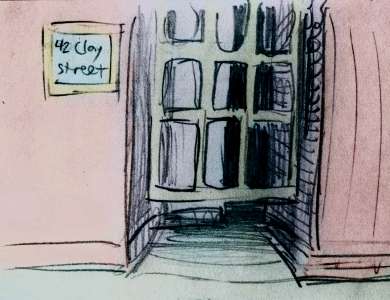 Sketch of a dream by Chris Wayan: an entryway blocked by a metal grille.