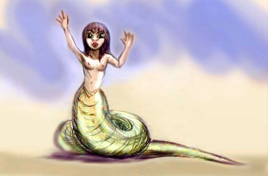 Sketch of a dream by Chris Wayan: a snake-woman with delicate arms. Click to enlarge.