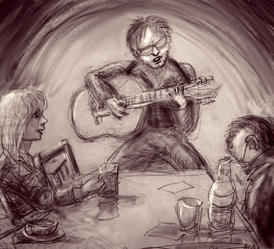 Pencil sketch of performer (plus two drunks) in the Bazaar Cafe by Chris Wayan. Click to enlarge.