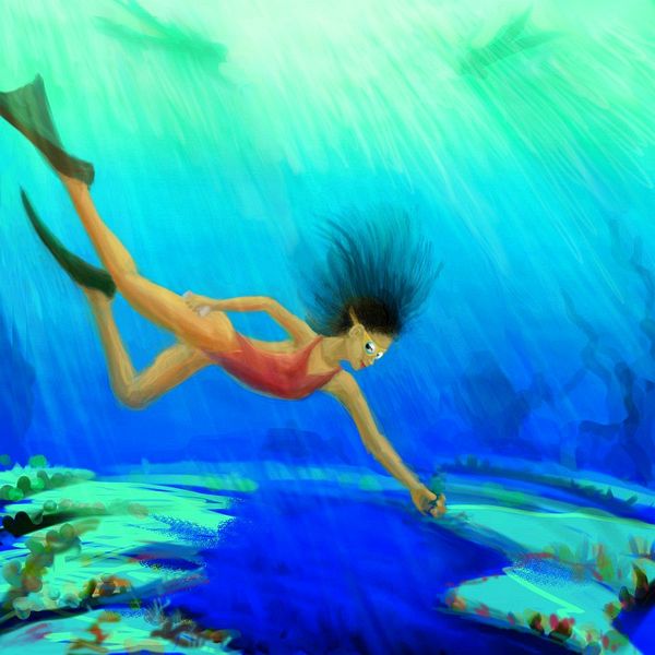 I freedive through the shattered skylight of a wreck on a coral reef. Dream sketch by Wayan. Click to enlarge