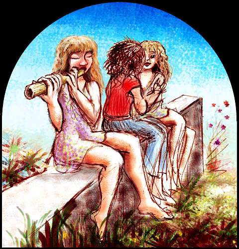 Sketch of a time-warp dream by Wayan. A girl perched on a meter-high stone wall plays a flute. Next to her sits the same girl kissing a guy while listening to herself play.