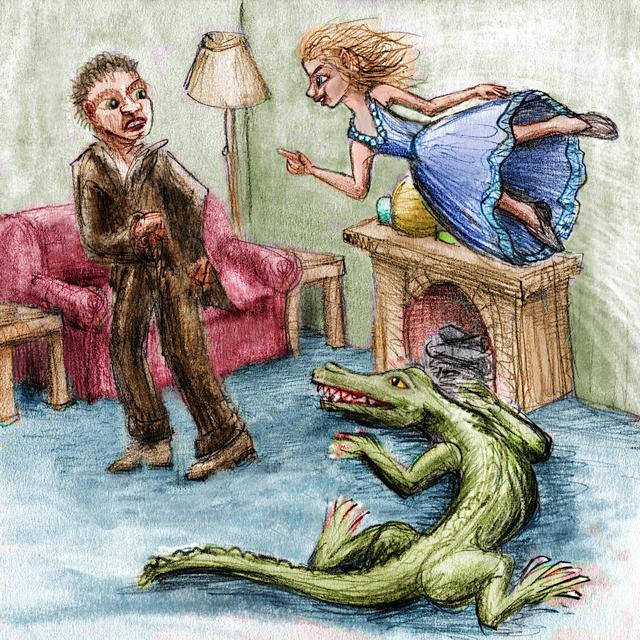 Crocodile chases butler around house as Heidi flies around mocking him. Dream sketch by Wayan. Click to enlarge.