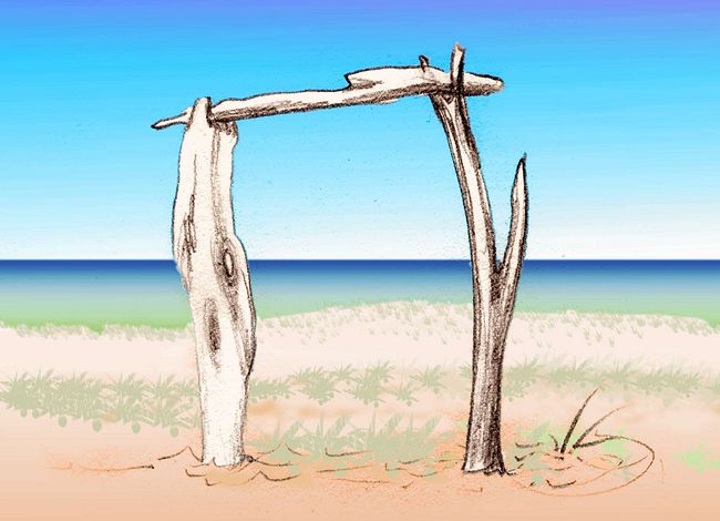Gate made of driftwood at the beach. Sketch of a dream by Wayan.