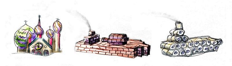 Three public art pieces at the beach in San Francisco: a replica of the Kremlin, a ship made of brick, and a ship of giant toilet-paper rolls. Sketch of a dream by Wayan.