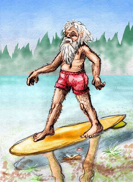 Bearded old man surfs impossibly on the still, glassy face of a lake. Sketch of a dream by Wayan