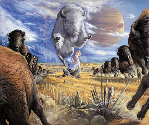 Acrylic painting titled 'Surrender to the White Buffalo' by Brenda Ferrimani illustrating a dream by Kathleen Sullivan. Woman sits unharmed through a buffalo stampede; a white buffalo leaps right over her. Click to enlarge.