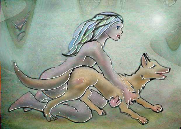 dreamlike painting of boy having sex with dog