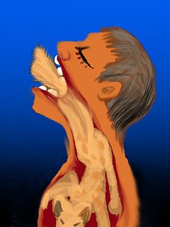 Digital sketch of a dream by Wayan. Cross-section of a graying man swallowing a small dog.