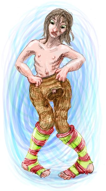 Click to enlarge. Sketch by Wayan of a dream: A knock-kneed guy pulls a sweater onto his legs not his arms. He gets tangled, and his dick dangles out the neckhole.