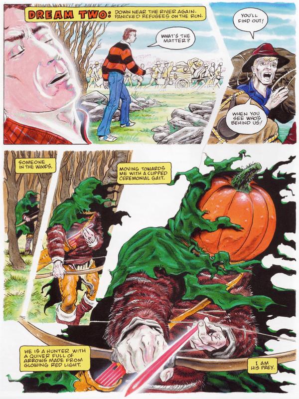Pumpkin-headed warrior with arrows of red light; dream comic by Rick Veitch.