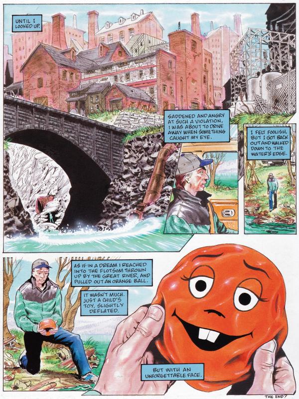 Find an orange ball with the face of the pumpkin-warrior in my dream; comic by Rick Veitch.