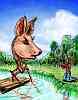giant-headed deer on log rafts in a lake scold me about vegetarianism; a dream-sketch by Wayan.