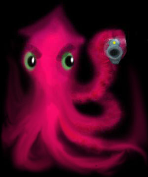 pink squid from Jupiter, with raygun; dream-sketch by Wayan.