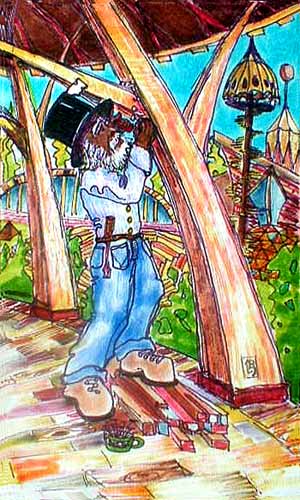 tarot card: the Primal Builder at work: constructing Utopia.