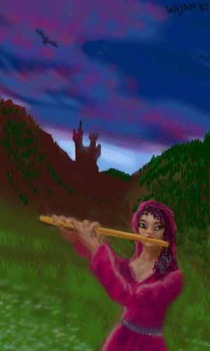 Dusk, mountains. From a castle comes a woman in a red hooded robe, playing a flute.