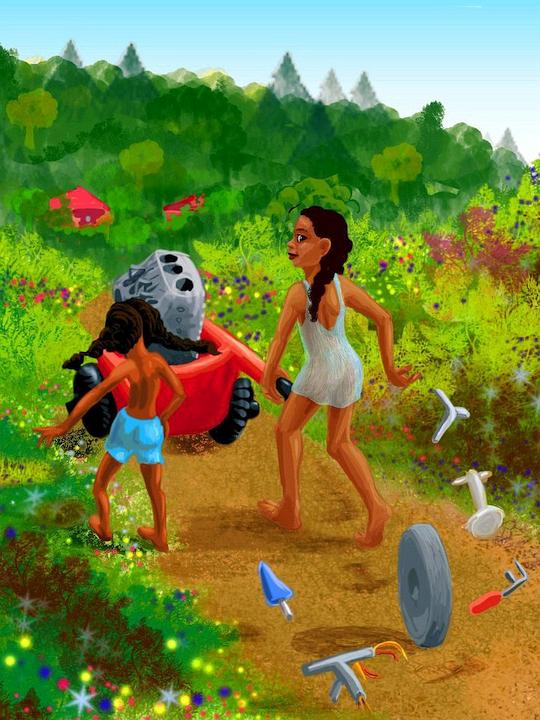 Two telekinetic little girls carry an engine block in a wheelbarrow. Dream sketch by Wayan. Click to enlarge.