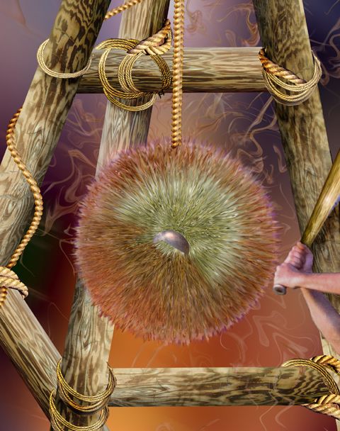 Digital painting of a dream image by SAO (Shawn Allen O'Neal): a huge seed with chaff like a dandelion hangs on a wooden scaffold. An arm with a bat beats at it.